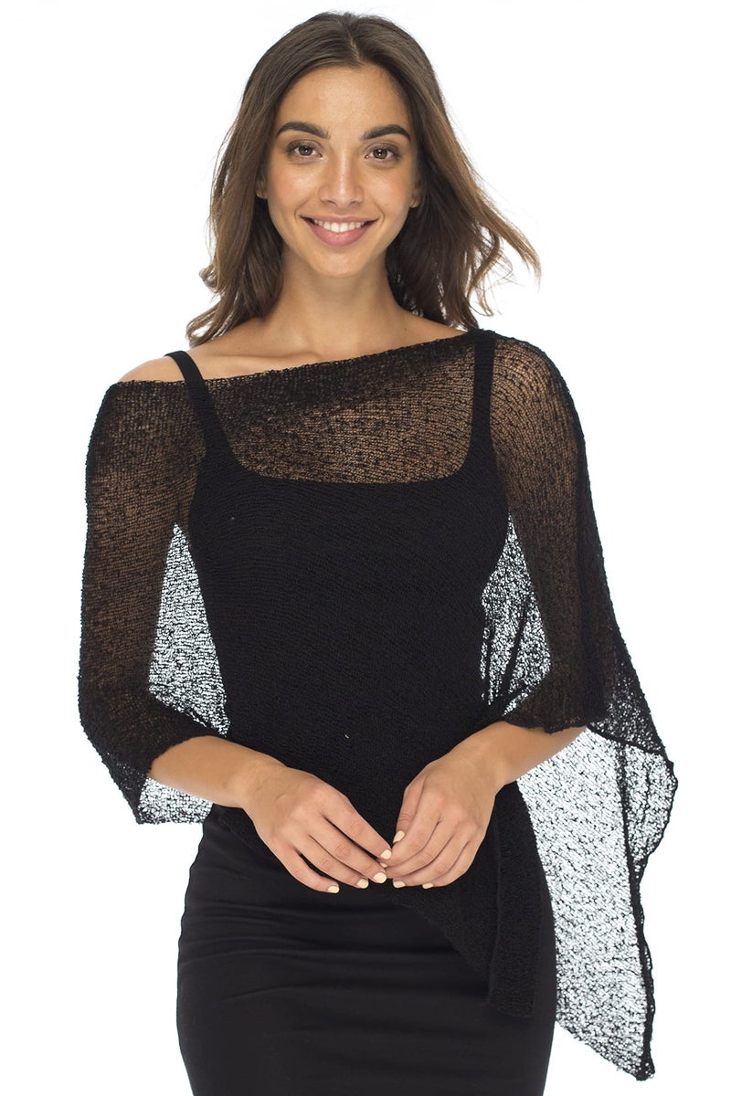 Back From Bali Womens Sheer Poncho Shrug Bolero, Lightweight Summer Shrug Pullover Sweater Black - Image 1